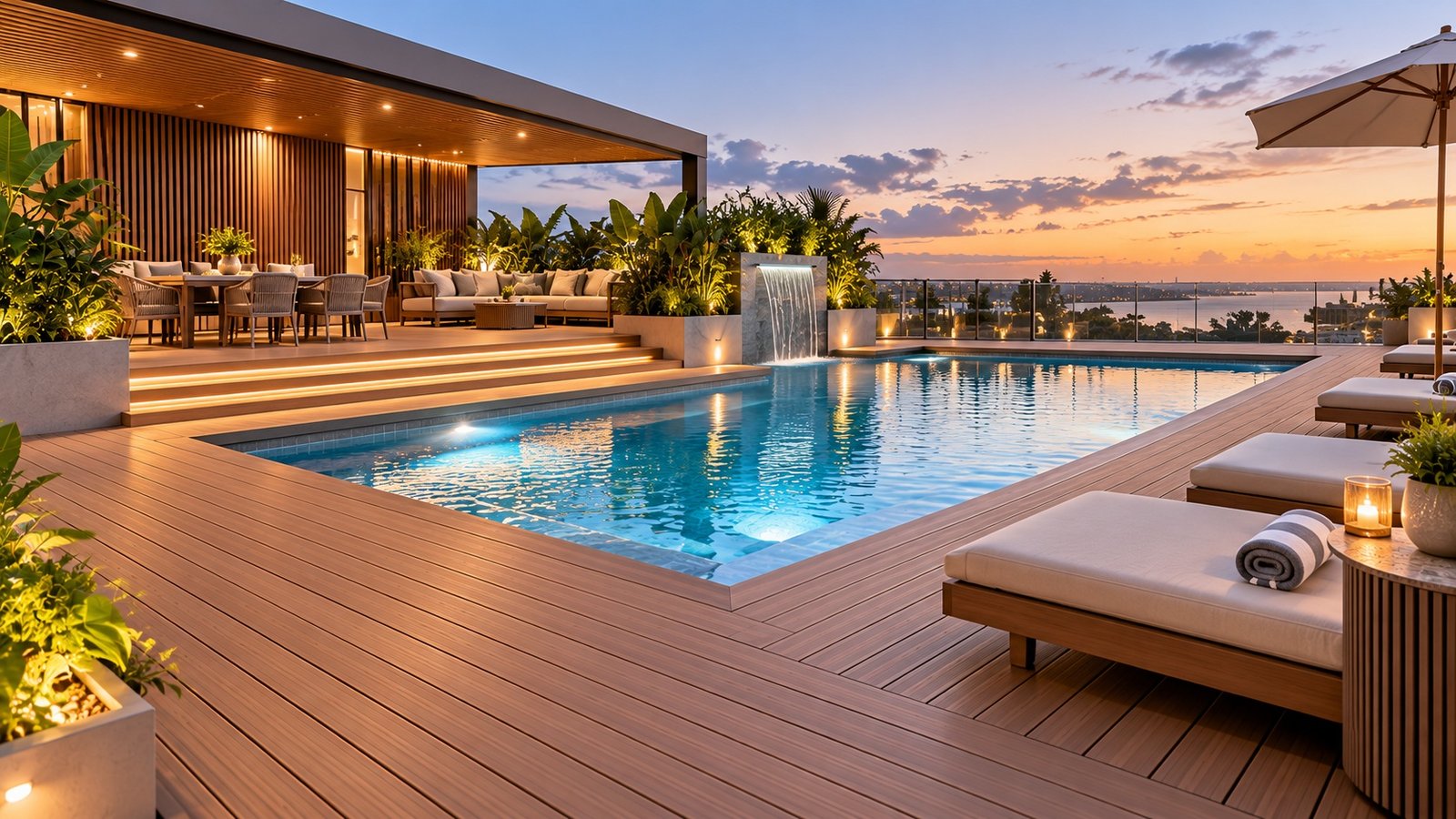 DuraShield Advance composite decking around a rooftop pool at sunset
